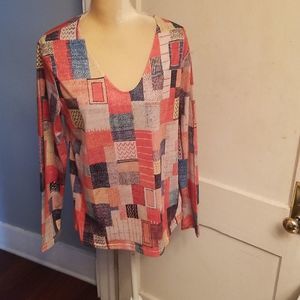 Made With Love ❤ Patchwork Print Multicolored Vneck Long Sleeve Top NWT Sz. L